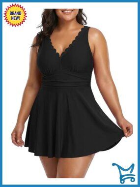 Plus Size One Piece Swim Dress Scalloped V-Neck Tummy Control